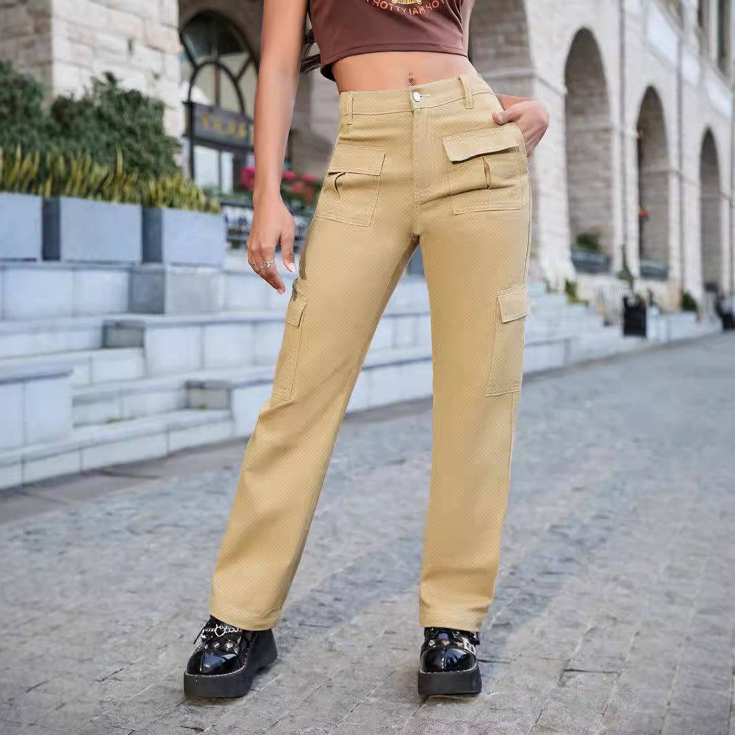 Women's wide cargo pants with a high waist and flap pockets Fashion Glam