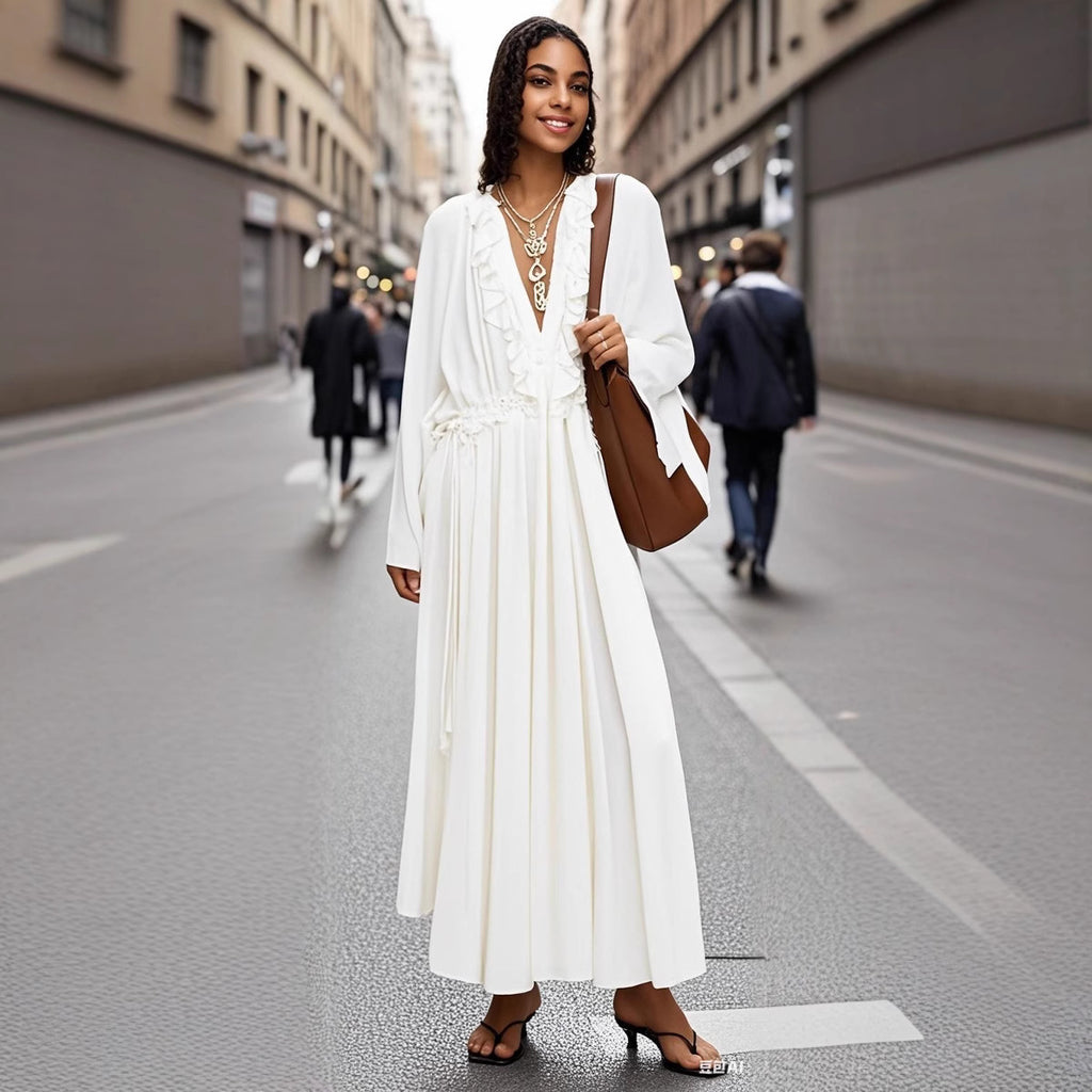Women's maxi dress with ruffles, tie collars and wide bell sleeves Fashion Glam
