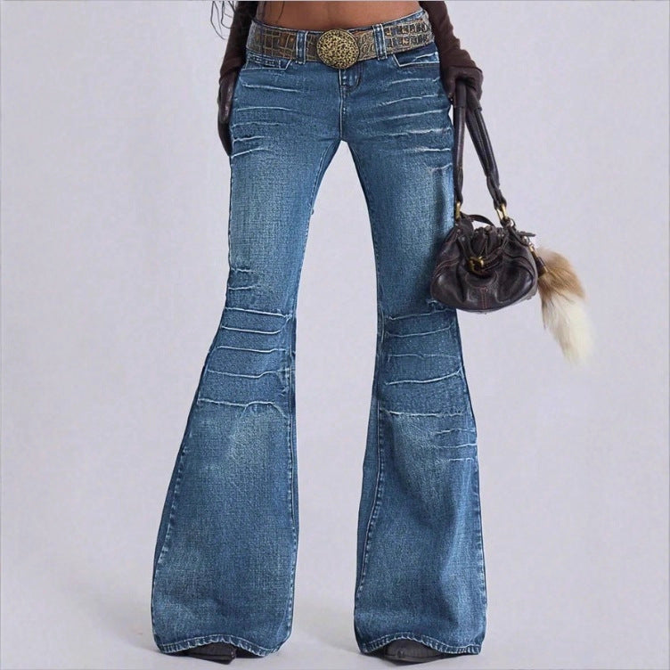 Women's High-Waisted Vintage Flared Jeans in Seventies Style with Horizontal Ribbed Look and Extra Wide Flare Fashion Glam