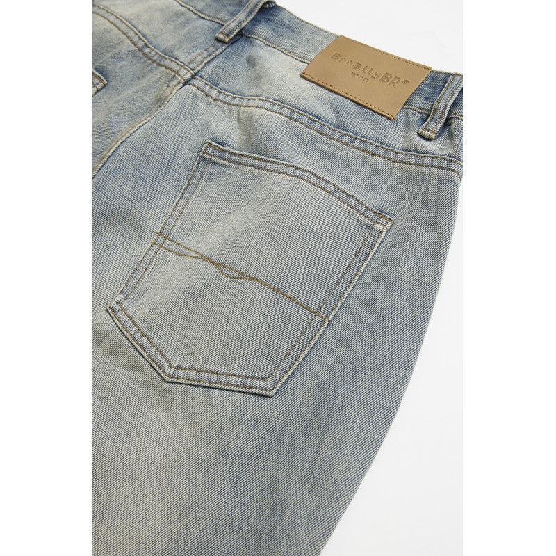 Men's Wide-Leg Denim Pants with High Waist, Vintage Wash and Five-Pocket Details Fashion Glam