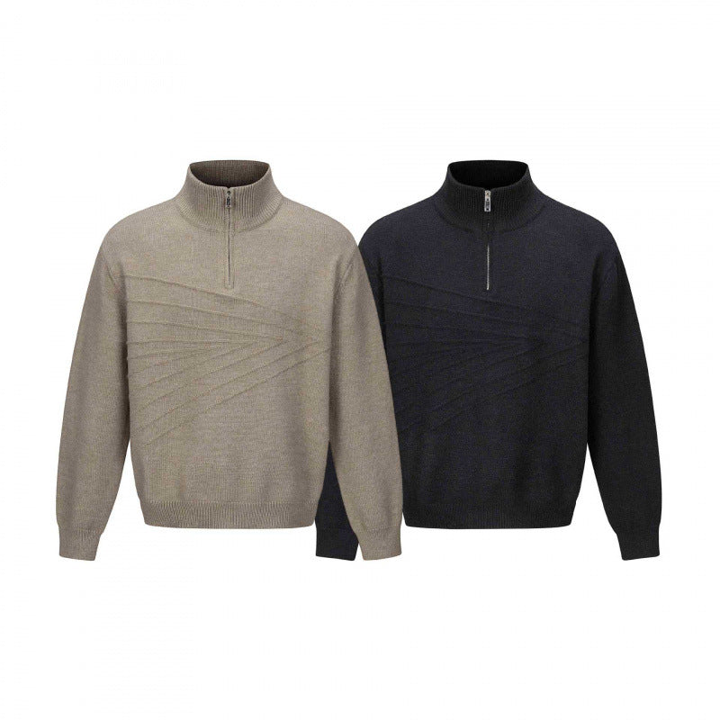 Unisex fine knit half-zip sweater with standing collar and diagonal structure Fashion Glam