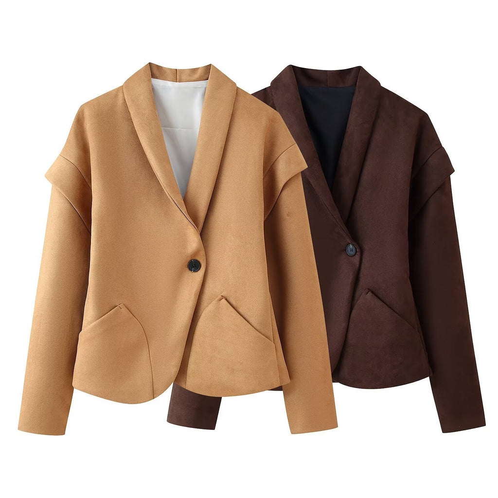 Ladies short blazer made of suede look with shawl collar and rounded hem Fashion Glam