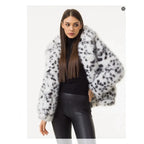 Women Short Hooded Faux Fur Jacket with Boxy Silhouette and Polka Dot Shaggy Texture Fashion Glam