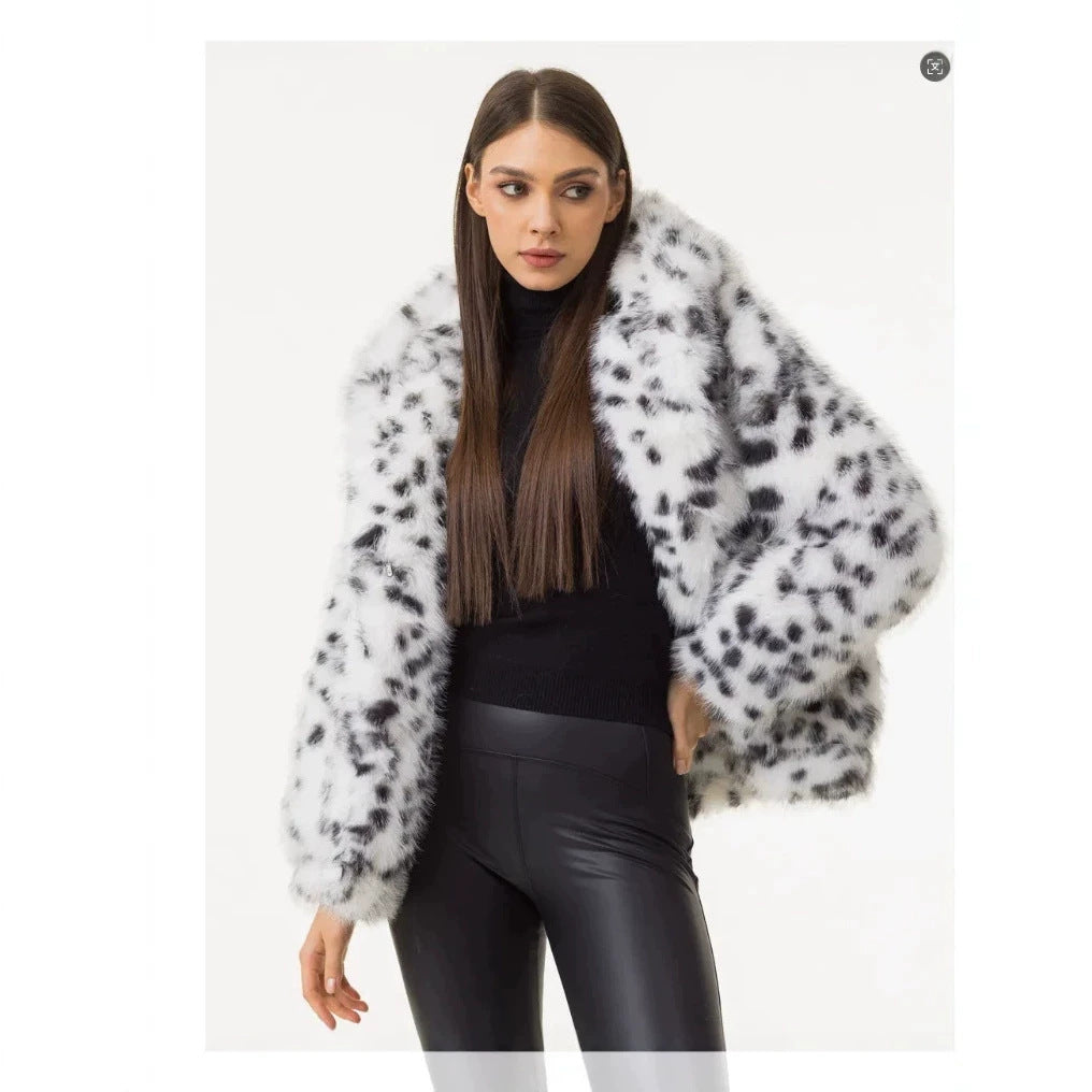 Women Short Hooded Faux Fur Jacket with Boxy Silhouette and Polka Dot Shaggy Texture Fashion Glam