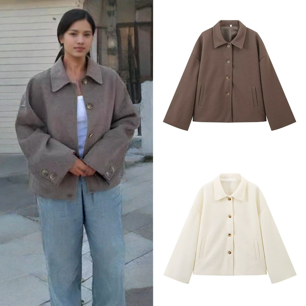 Ladies short jacket in boxy cut made of wool blend with shirt collar and concealed button placket Fashion Glam