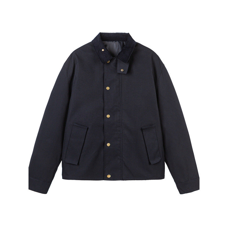 Men's Short Boxy Work Jacket made of sturdy canvas with cord collar and concealed snap button placket Fashion Glam