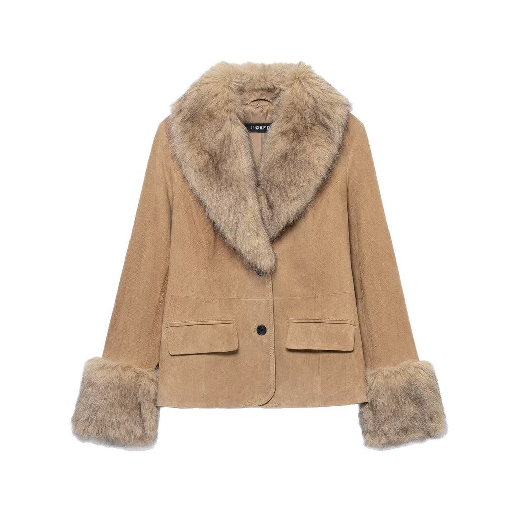 Women's short suede jacket with voluminous fur collar and wide fur cuffs Fashion Glam