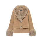 Women's short suede jacket with voluminous fur collar and wide fur cuffs Fashion Glam