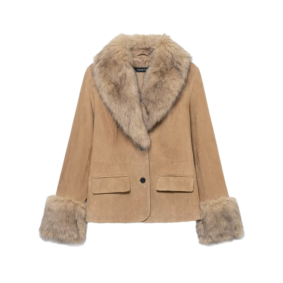 Women's short suede jacket with voluminous fur collar and wide fur cuffs Fashion Glam