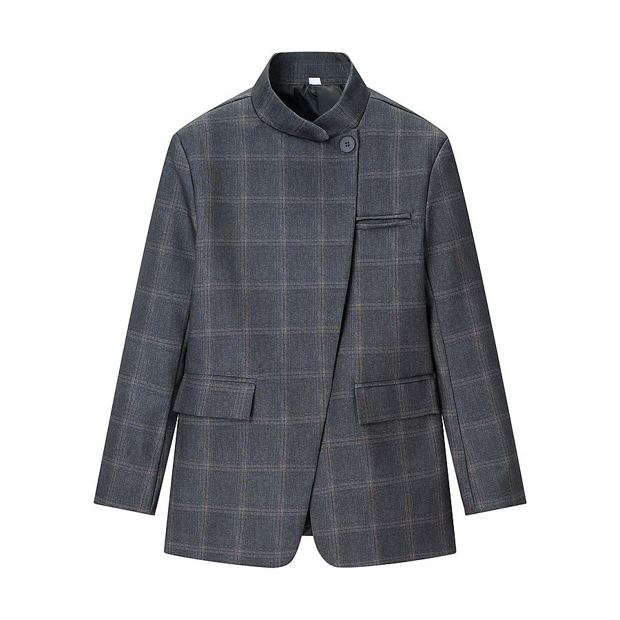 Men's Asymmetrical Stand Collar Blazer with Check Pattern and Hidden Button Placket Fashion Glam
