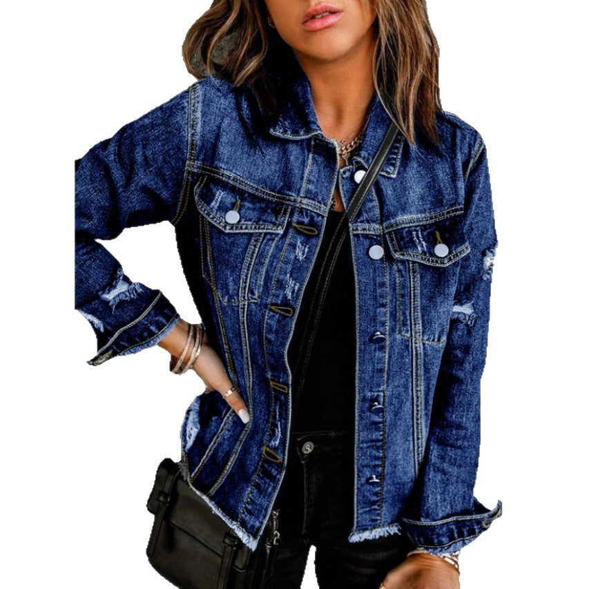 Women Tailored Denim Jacket with Destroyed Accents, Patch Pockets, and Visible Quilted Stitching Fashion Glam