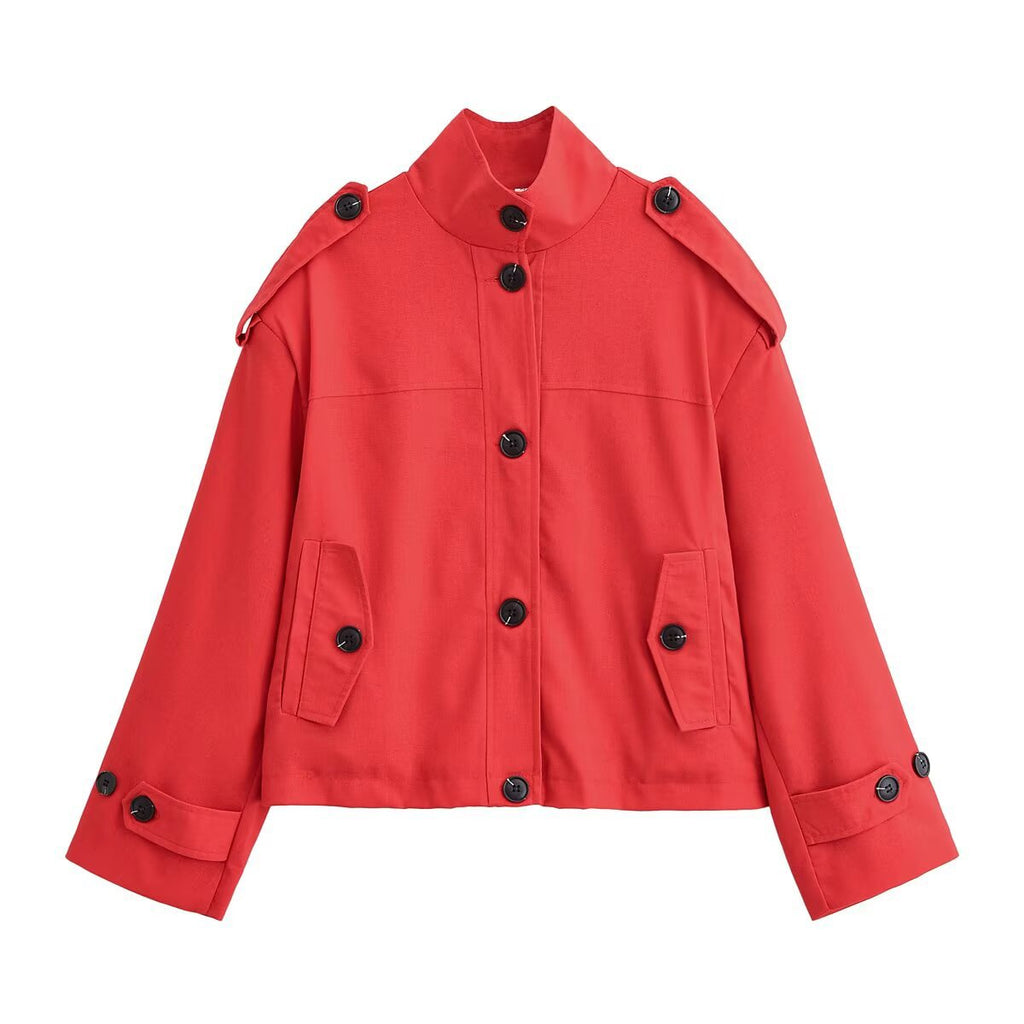 Women's Boxy-Cropped Jacket with Stand Collar Shoulder Patches and Flap Pockets Fashion Glam