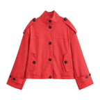 Women's Boxy-Cropped Jacket with Stand Collar Shoulder Patches and Flap Pockets Fashion Glam