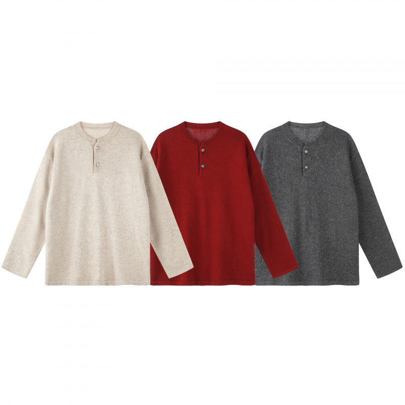Unisex Oversize knit sweater with Henley button placket, straight hem and light texture Fashion Glam