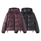 Women's Short Quilted Faux Leather Puffer Jacket with Hood, Drawstring and Side Pockets Fashion Glam
