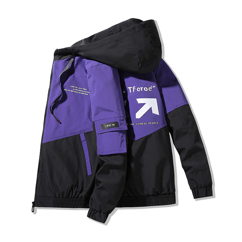 Men's Colorblock Hooded Utility Jacket with Print Details and Tactical Pockets Fashion Glam