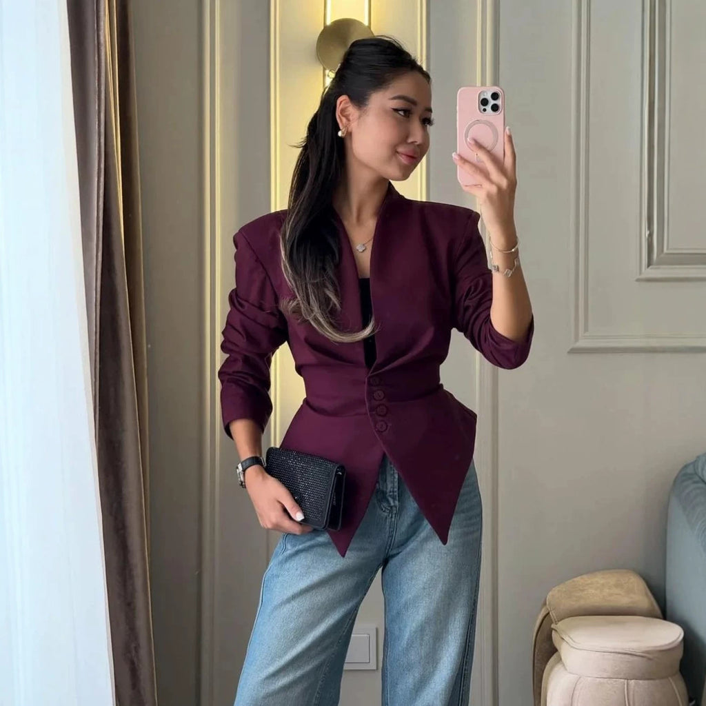 Women Tailored Blazer with Deep V-Neck, Structured Shoulder and Pointed Peplum Fashion Glam