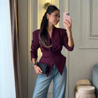 Women Tailored Blazer with Deep V-Neck, Structured Shoulder and Pointed Peplum Fashion Glam