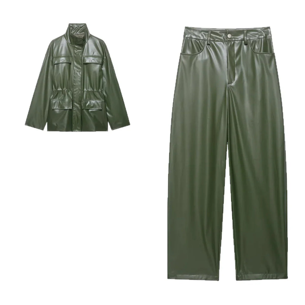 Women's Oversized Faux Leather Jacket with High Stand Collar, Waist Drawstring and Flap Pockets Fashion Glam
