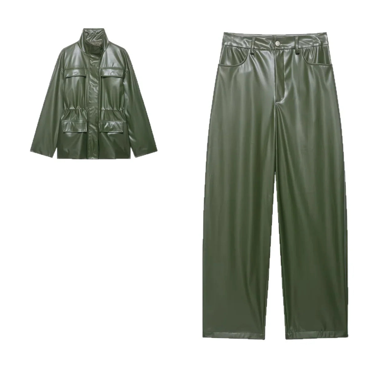 Women's Oversized Faux Leather Jacket with High Stand Collar, Waist Drawstring and Flap Pockets Fashion Glam
