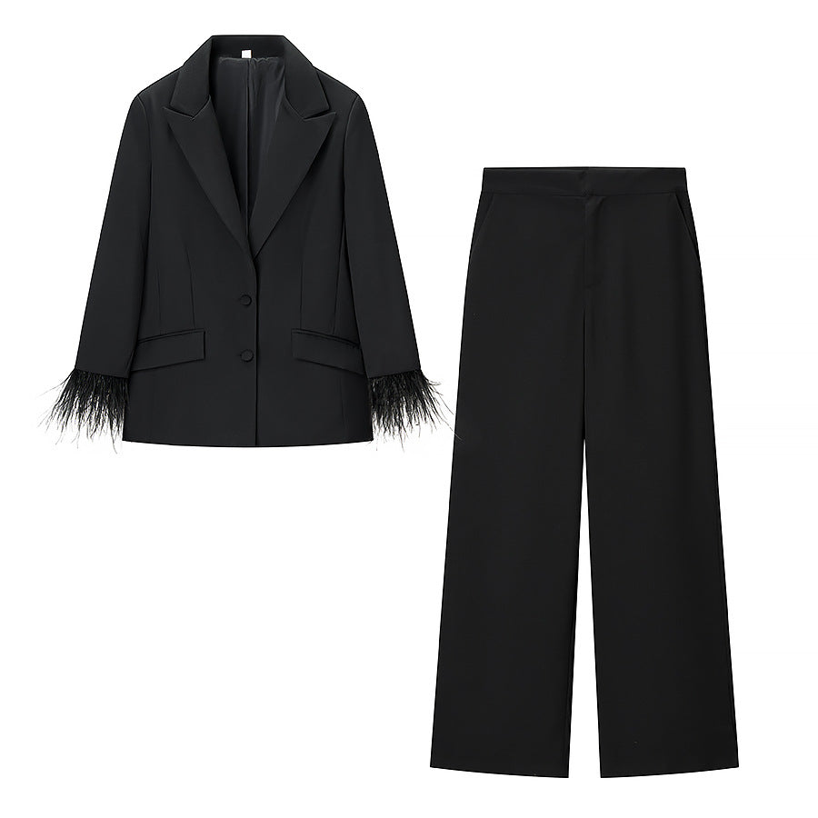 Women's Tailored Suit with Feather Cuffs and Straight-Leg Trousers Fashion Glam