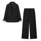 Women's Tailored Suit with Feather Cuffs and Straight-Leg Trousers Fashion Glam
