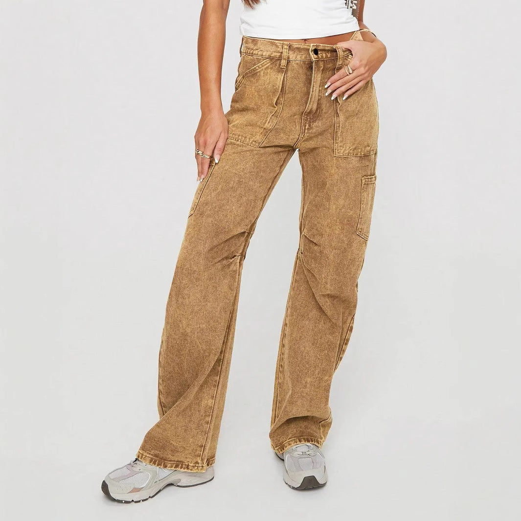 Women's Loose Utility Cargo Jeans with Straight Leg and Patch Pockets Fashion Glam