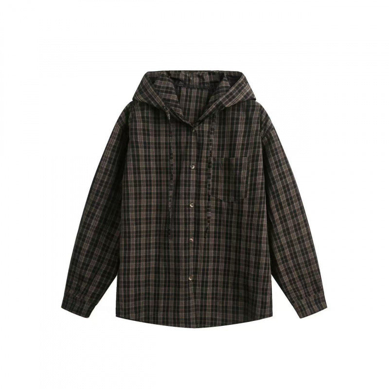 Unisex wide checkered hooded shirt jacket made of cotton flannel with patch breast pocket Fashion Glam