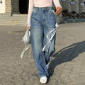 Ladies Wide High-Waist Denim Jeans with Decorative Side Stripes and Straight Leg Fashion Glam