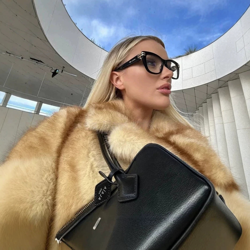 Ladies Long High-Pile Faux Fur Coat with Lapel Collar Fashion Glam