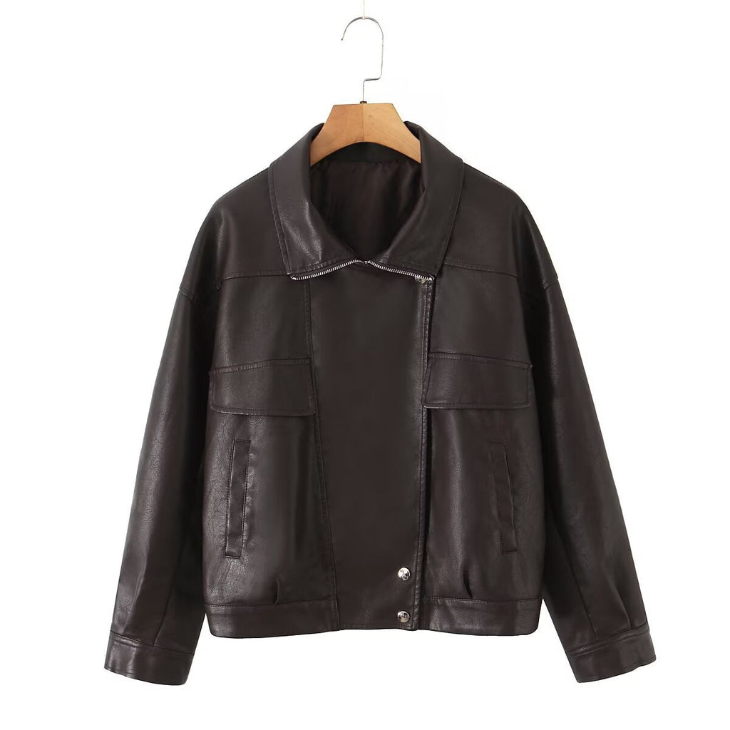 Women's Oversized Faux Leather Blouson Jacket with Asymmetric Zipper and Flap Pockets Fashion Glam