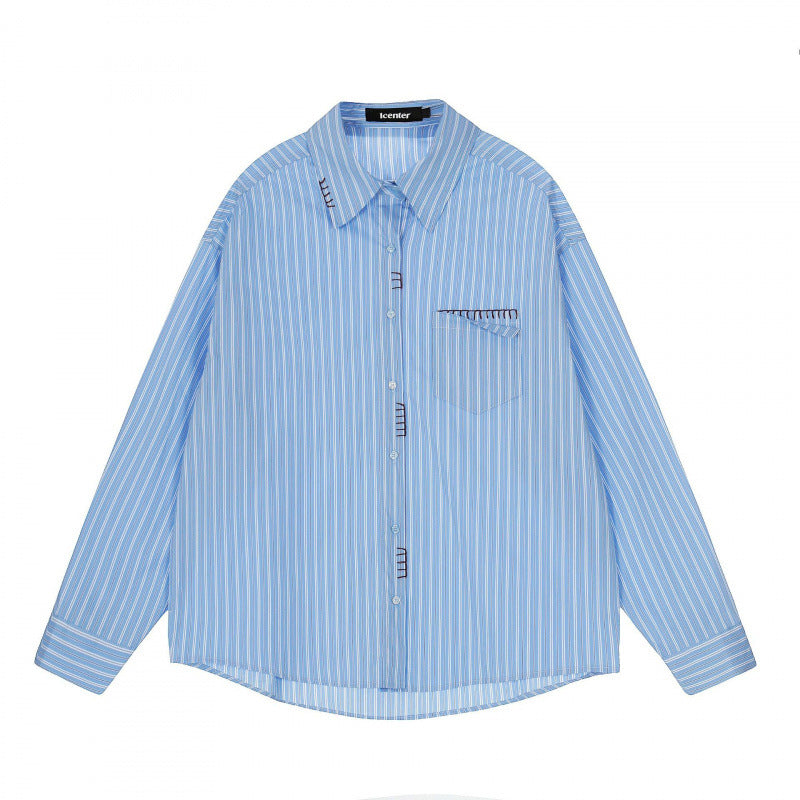 Men's Loose Oversized Shirt with Pinstripes, Chest Pocket and Contrast Stitches Fashion Glam