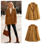 Women's Long Cut Suede Look Blazer with Notch Collar and Flap Pockets Fashion Glam