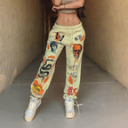 Women's graphic joggers with a high waistband, drawstring, and streetwear prints Fashion Glam