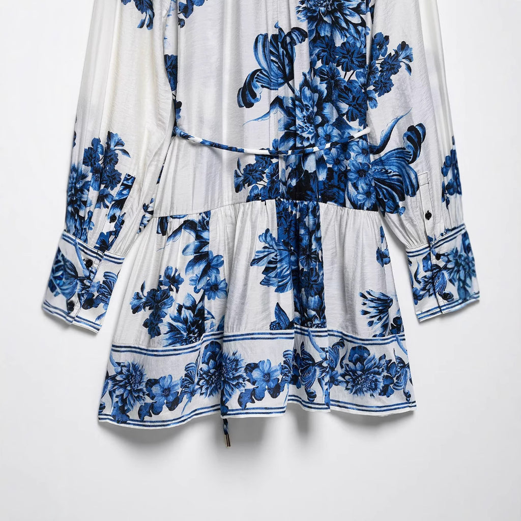 Women's midi dress with stand-up collar, full button placket and waist drawstring Fashion Glam