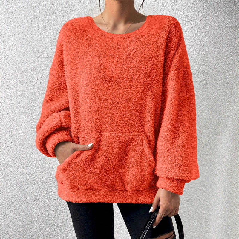 Ladies Cozy Oversized Sherpa Sweater with Kangaroo Pocket and Balloon Sleeves Fashion Glam