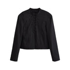 Women short fitted jacket with stand-up collar and decorative loop tape Fashion Glam