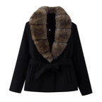 Women's Short Wool Blend Coat with Removable Faux Fur Shawl Collar and Waist Belt Fashion Glam