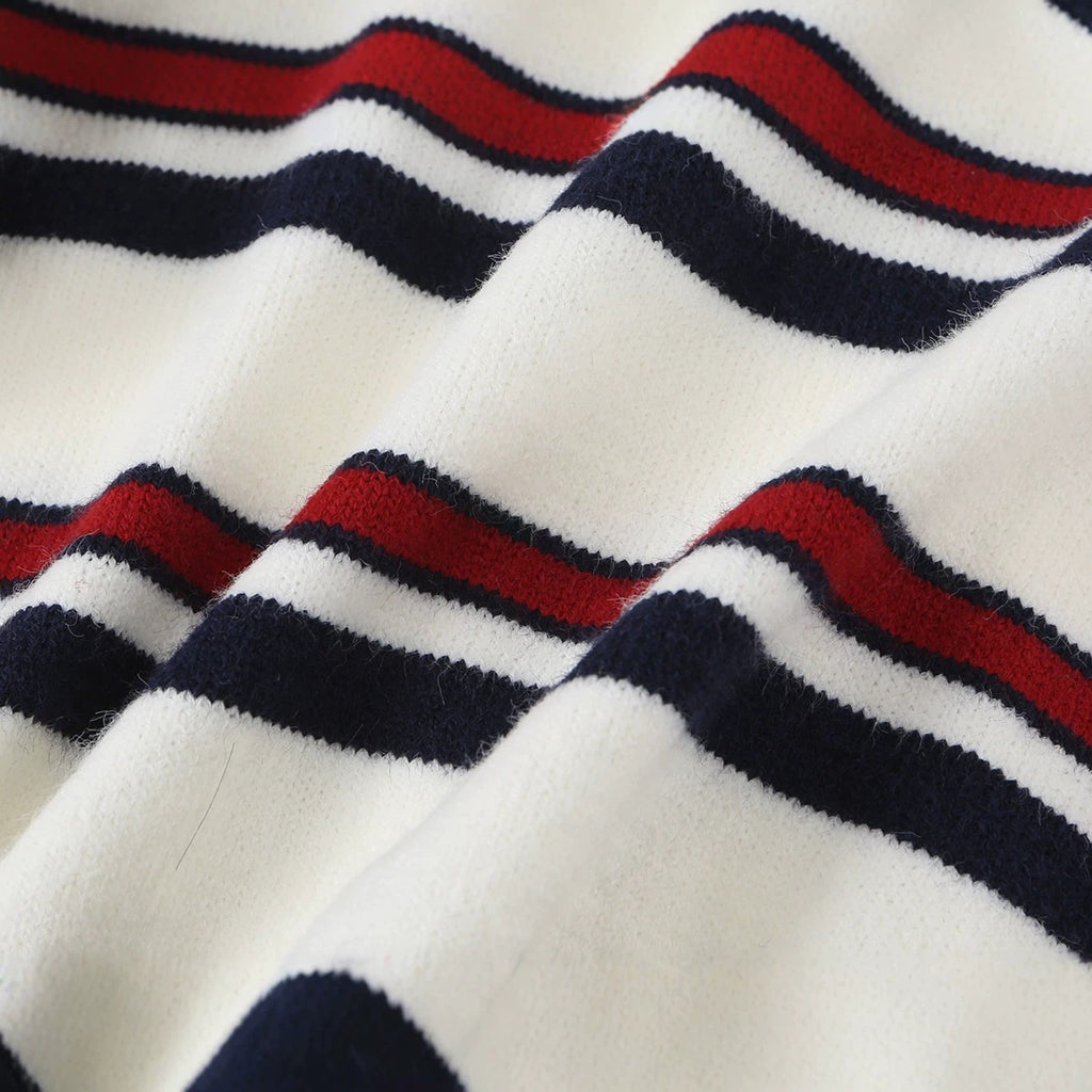 Ladies Striped Cardigan with Button Placket and Ribbed Hem Fashion Glam