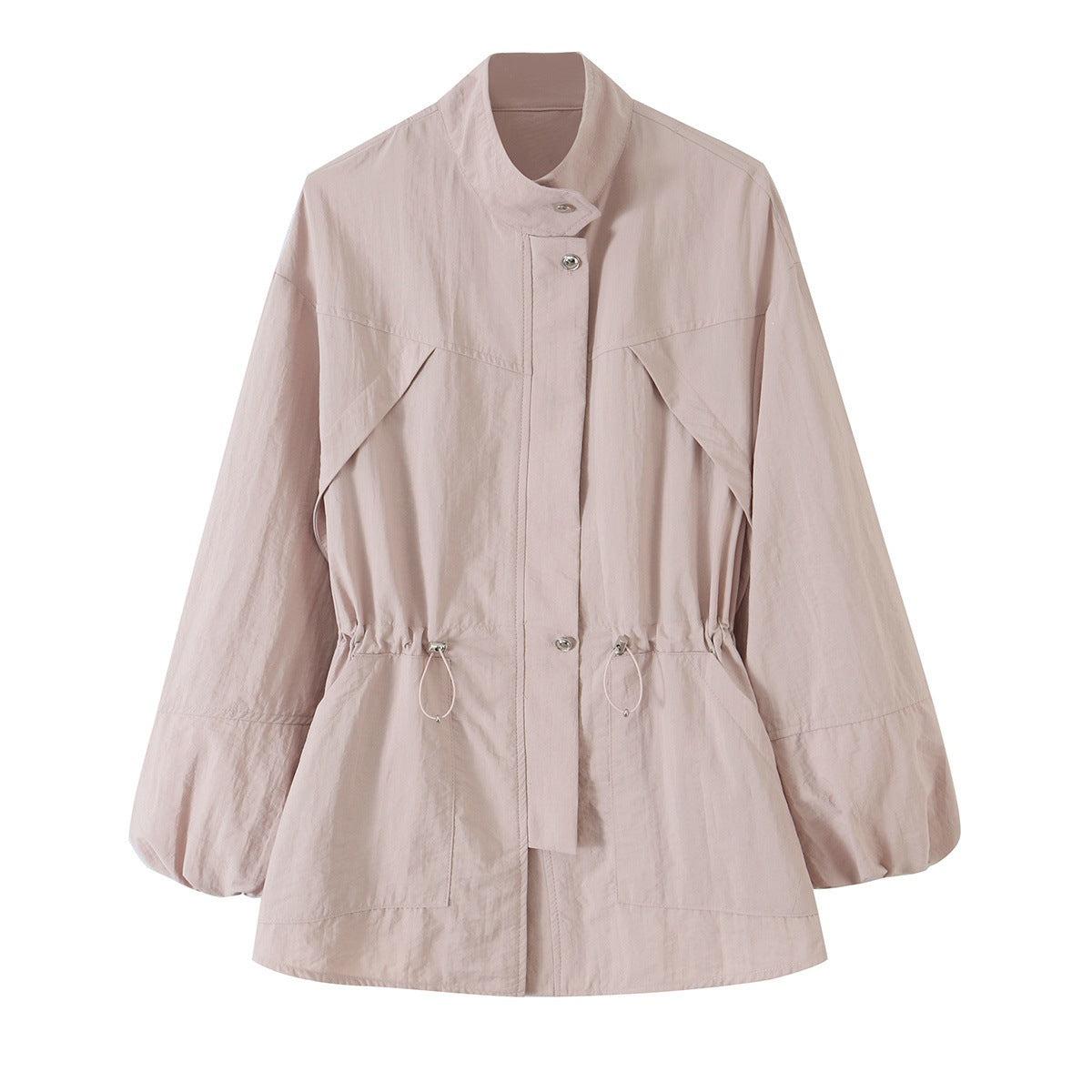 Women's Tailored Windbreaker with Drawstring, Stand Collar and Balloon Sleeves Fashion Glam