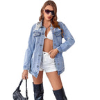 Ladies Pearl Detail Oversize Denim Jacket in Trucker Style Fashion Glam