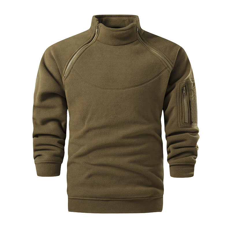 Men's Tactical Microfleece Sweater with High Stand-Up Collar, Sleeve Zip Pocket and Raglan Sleeves Fashion Glam