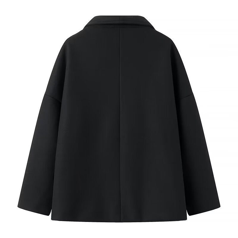 Women Oversize Short Coat in Boxy Peacoat Style with Wide Lapels and Double Breasted Fashion Glam
