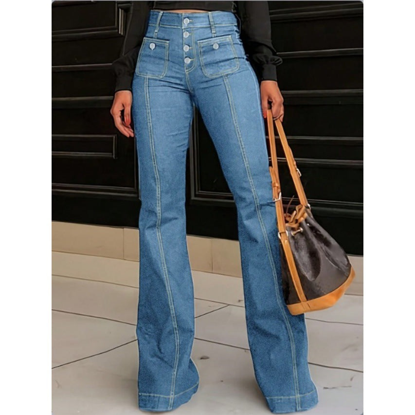 Ladies High-Waisted Flared Jeans with visible center seam, button closure, and patch front pockets Fashion Glam