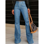 Ladies High-Waisted Flared Jeans with visible center seam, button closure, and patch front pockets Fashion Glam