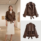 Women's Cropped Double-Breasted Faux Leather Trench with Waist Belt and Shoulder Epaulettes Fashion Glam