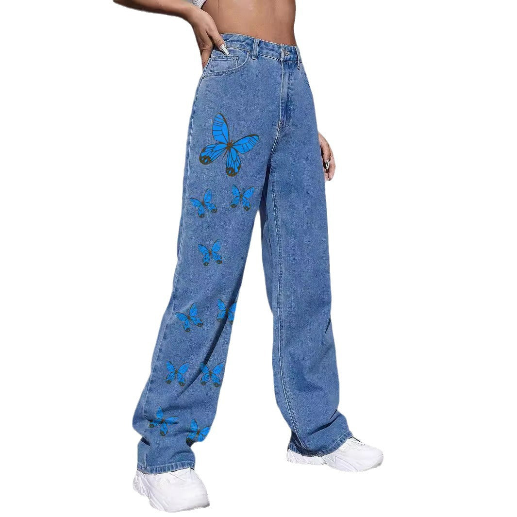 Women Wide Jeans Pants with Butterfly Print Fashion Glam