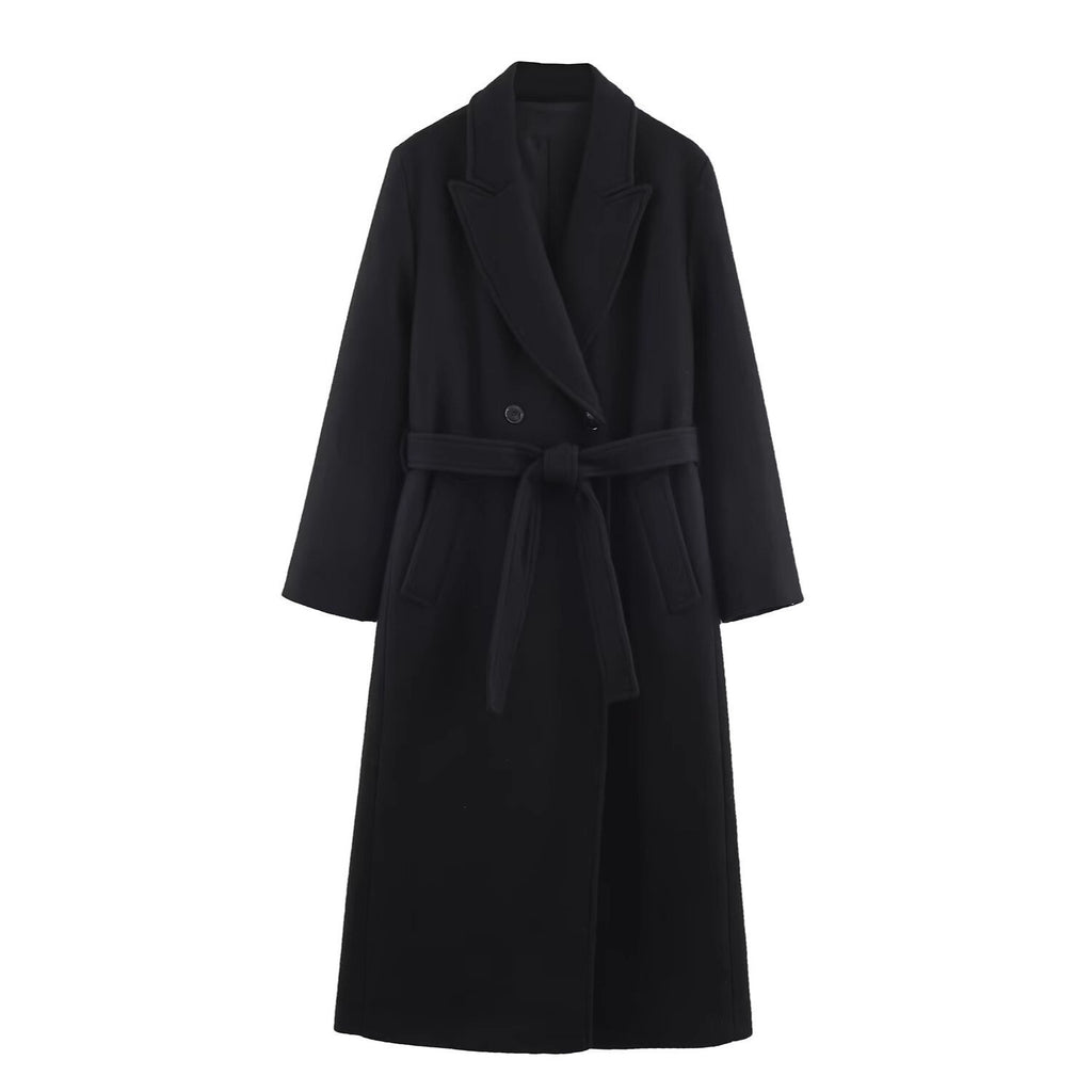 Women Long Tailored Wool Blend Coat with Tie Belt and Lapel Collar Fashion Glam