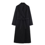 Women Long Tailored Wool Blend Coat with Tie Belt and Lapel Collar Fashion Glam