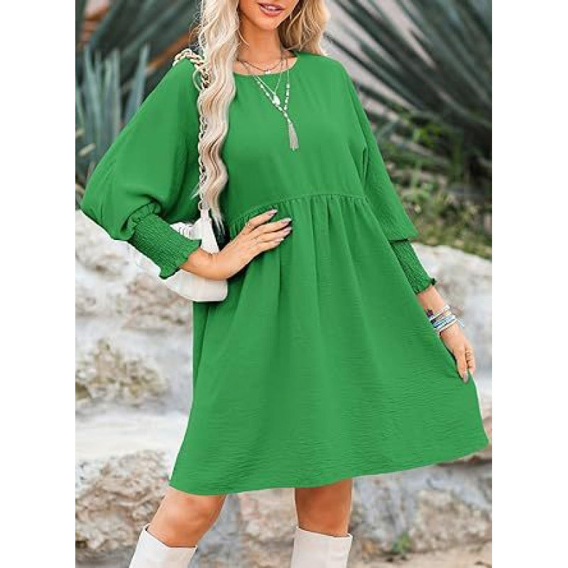 Women's Loose Babydoll Dress with Balloon Sleeves and Gathered Waist Fashion Glam